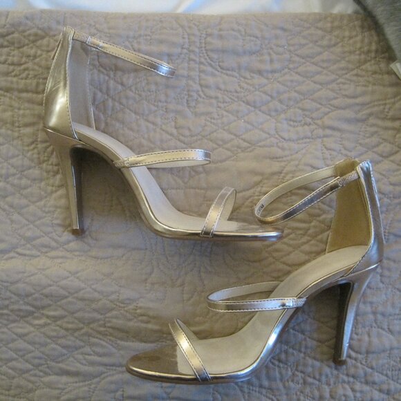 DAVID'S BRIDAL ROSE GOLD METALLIC STILETTO BACI TRIPLE STRAP HEELS 10 $69.00 NEW - Picture 2 of 6